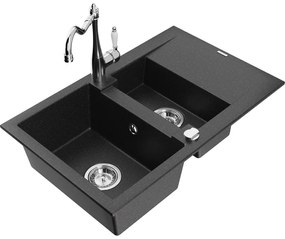 Mexen Gaspar, granitový drez 752x436x161 mm, 1,5-komorový a drezová batéria Carla, čierna-strieborná metalíza, 6507-73-670700-00