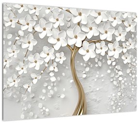 Sklenený obraz bieleho stromu s kvetinami (70x50 cm)