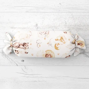 Biante Detský vankúš valec bonbon Sandra SA-456 Medvedíkovia zajačikovia a veveričky v oblakoch na bielom 15x60 cm