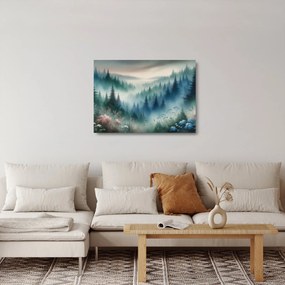 Sklenený obraz - Lesná krajina s hmlou (70x50 cm)
