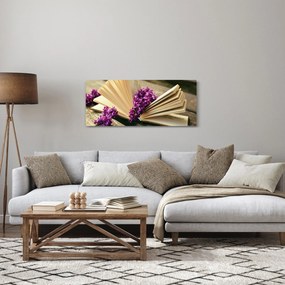 Obraz knihy a fialovej kvetiny (120x50 cm)
