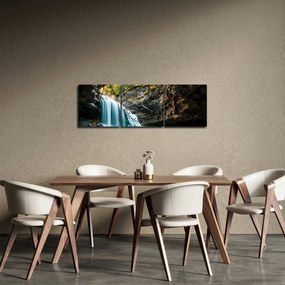 Obraz lesného vodopádu (s hodinami) (90x30 cm)
