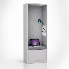 Kancelárska akustická kabína so sedadlom a portom USB-C, telo v sivý / sedák sivá v zelenej farbe, 600 mm: SALLY MentalBox