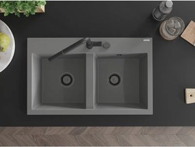Mexen Hektor, 2-komorový granitový drez 800x480x205 mm, šedá, grafitový sifón, 6521802000-71-B