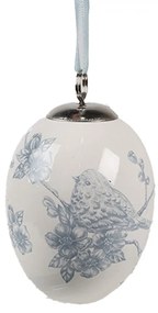 Dekorácia keramické vajíčko s modrými kvetmi a vtáčikom - Ø 6*8 cm