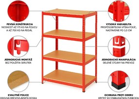Regál 150x70x30 cm lakovaný 4-policový, nosnosť 700 kg - červený