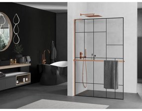 Mexen Kioto+ L, sprchová zástena Walk-In s poličkou a vešiakom 90 x 200 cm, 8mm číre sklo čierny vzor, ružové zlato profil, 800-090-123-60-78