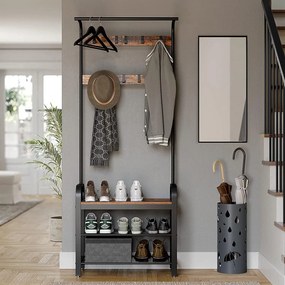 Stojan na kabáty s 9 háčikmi a botníkom, predsieňová stena, rustikálna hnedá