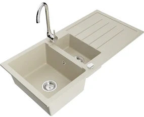 Mexen Andres, granitový drez 1000x500x200 mm, 1,5-komorový, béžová s chrómovým sifónom a chrómová drezová batéria Telma, 6515-69-670200-00