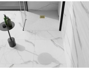 Mexen Stone+, štvorcová vanička z minerálneho kompozitu 80 x 80 cm, biela, zlatá lesklá krytka, 44108080-G