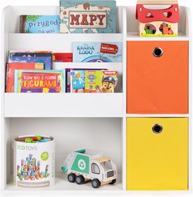 Detský regál ECOTOYS 89×35×88 cm, biely s poličkami a 2 textilnými košmi