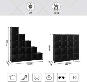 Úložný policový systém v tvare 16 kociek, stojan na topánky, stohovateľné kocky, čierna