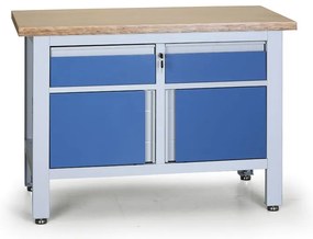Pracovný stôl do dielne EXPERT, 2 zásuvky, 2 skrinky, 1200 x 600 x 860 - 900 mm, modrá