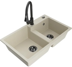 Mexen Tomas, 2-komorový granitový drez 800x500x190 mm a drezová batéria Elia, béžová, 6516-69-670101-70