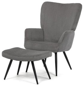 Relaxačné kreslo ušiak s taburetom ROYAL — kov, menčester, sivá