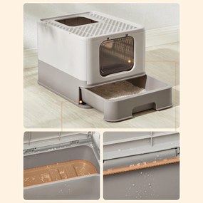 Toaleta pre mačky s vekom a výsuvným podnosom, krytá podstielka, sivá