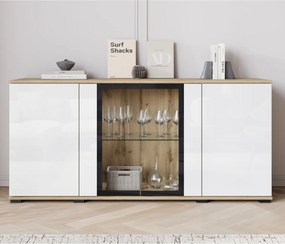 Komoda s vitrínou LED Caro dub wotan/biely lesk
