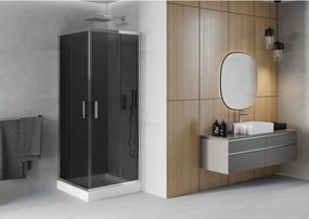 Mexen Rio, štvorcový sprchovací kút s posuvnými dverami 70 x 70 cm, 6mm šedé sklo, chrómový profil + biela vysoká vanička Rio, 860-070-070-01-40-4510