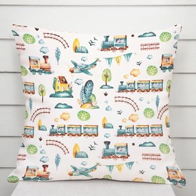 Biante Detská bavlnená obliečka na vankúš Sandra SA-659 Modrozelené vláčiky s lietadielkami na bielom 60 x 60 cm