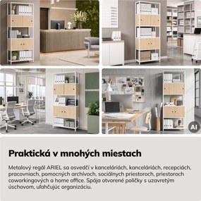 Regál na šanóny s uzamykateľnou skrinkou, kancelársky, otvorené police, kovový biely/dub sonoma, 800x2200x400 mm: ARIEL Eco Design