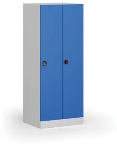 Šatníková skrinka znížená, 2 oddiely, 1500 x 600 x 500 mm, kódový zámok, modré dvere