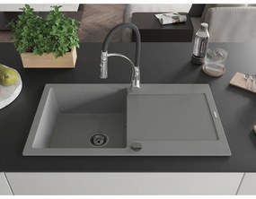 Mexen Leo, granitový drez 900x500x190 mm, 1-komorový a drezová batéria Aster, šedá, 6501-71-73450-07-B