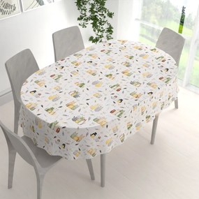 Biante Detský bavlnený oválny obrus Sandra SA-652 Mačací svet zeleno-žltý na bielom 140x160 cm