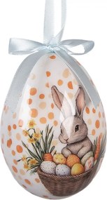6ks dekorácie biele a béžové závesné vajíčko s zajačikmi Spring Egg - Ø 7*10 cm