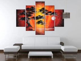 Gario Ručne maľovaný obraz Masívny strom pri západe slnka - 5 dielny Rozmery: 150 x 70 cm
