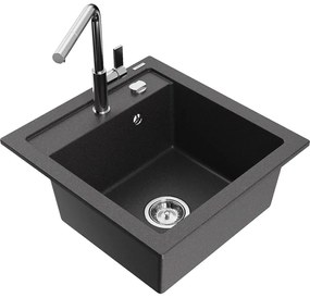 Mexen Vito, 1-komorový granitový drez 490x520x210 mm a drezová batéria Flora, čierna škvrnitá, 6503-76-670401-00