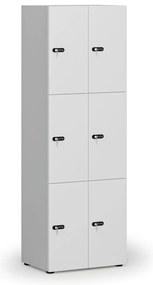Drevená šatníková skrinka s úložnými boxmi, 6 boxov, mechanický kódový zámok, sivá/biela