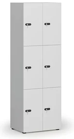 Drevená šatníková skrinka s úložnými boxmi, 6 boxov, mechanický kódový zámok, sivá/biela