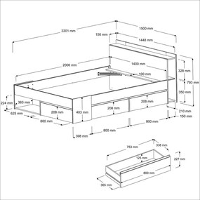 Posteľ s zásuvkami Most 140x200 cm sivý orech