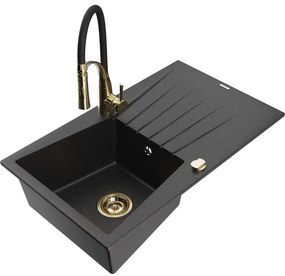 Mexen Cesar, 1-komorový granitový drez 775x470x190 mm a drezová batéria Aster, čierna-strieborná metalíza, 6514-73-73450-57-G