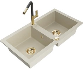 Mexen Mario, 2-komorový granitový drez 820x436x161 mm a drezová batéria Flora, béžová, 6504-69-670401-57-G