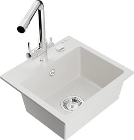 Mexen Milo, granitový drez 435x410x171 mm, 1-komorový a chrómová batéria Duero, biela, 6505-20-671600-00