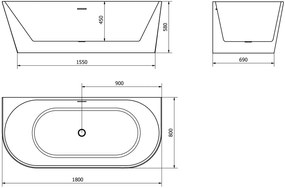 Mexen Oval, voľne stojaca nástenná vaňa 180 x 80 cm, biela, medený prepad, 52671808000-65