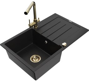 Mexen Bruno, 1-komorový granitový drez s odkvapkávačom 795x495x200 mm a zlatá batéria Duero, čierna, 6513-77-671600-50