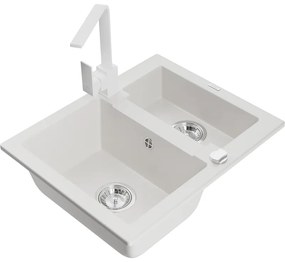 Mexen Carlos, 1,5-komorový granitový drez s odkvapkávačom 582x475x177 mm a biela kuchynská batéria Rita, biela, 6518-20-670300-20