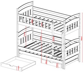 Detská poschodová posteľ z masívu BOHDANA s prístelkou a šuplíky - 200x90 cm - BIELA
