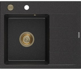 Mexen Ben, 1-komorový granitový drez 600x500x190 mm, ľavý + zlatý sifón, čierna-strieborná metalíza, 6522605000-73-G