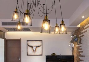 Závesné svietidlo H81 industrial, klietka 7 74191 - kov, Čierna / zlatá