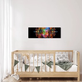 Obraz - Busta Budhu v neónových farbách (s hodinami) (90x30 cm)