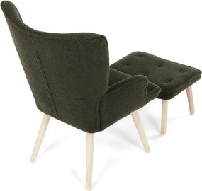 Relaxačné kreslo ušiak ROMEO II + taburet — masívne drevo, látka bouclé, prírodná / zelená