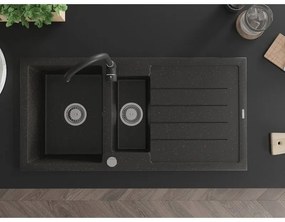 Mexen Andres 1,5-komorový granitový kuchynský drez s odkvapkávačom 100x50 cm a kuchynská batéria Telma, čierna-zlatá, 6515-75-670200-70