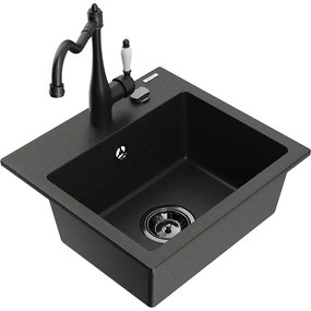 Mexen Milo, granitový drez 435x410x171 mm, 1-komorový a drezová batéria Carla, čierna-zlatá metalíza, 6505-75-670700-70-B