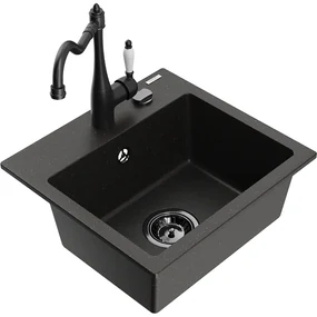 Mexen Milo, granitový drez 435x410x171 mm, 1-komorový a drezová batéria Carla, čierna-zlatá metalíza, 6505-75-670700-70-B