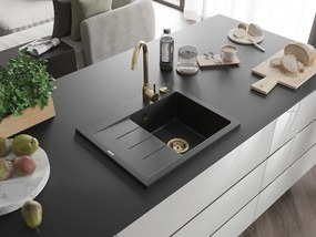 Mexen Ben, 1-komorový granitový drez 600x500x190 mm, pravý + zlatý sifón, čierna-strieborná metalíza, 6523605000-73-G