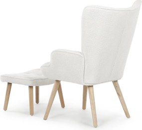 Relaxačné kreslo ušiak ROMEO II + taburet — masívne drevo, látka bouclé, prírodná / biela