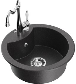Mexen Diego, granitový drez 488x488x167 mm, 1-komorový a drezová batéria Carla, čierna škvrnitá, 6512-76-670700-00